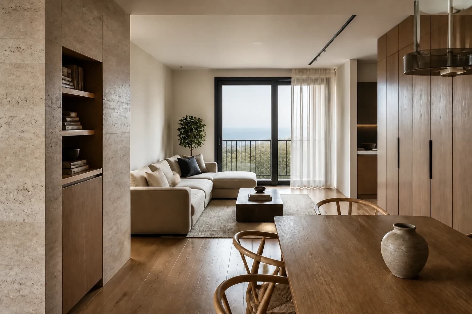 Anahtar teslim tamamlanmış bir dairenin salon ve yemek alanı