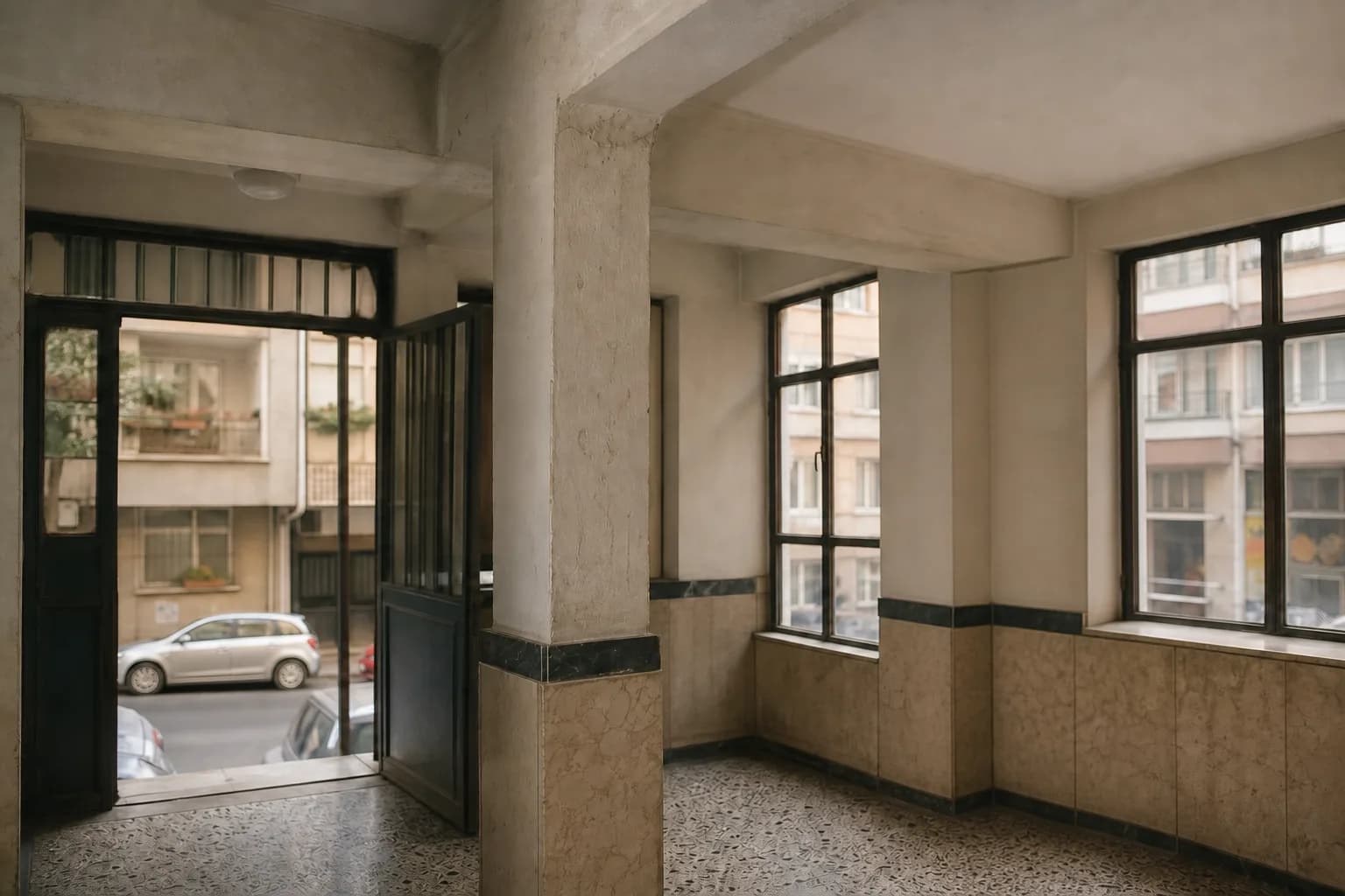 Kentsel dönüşüm kapsamında incelenen, boşaltılmış bir apartman giriş katı